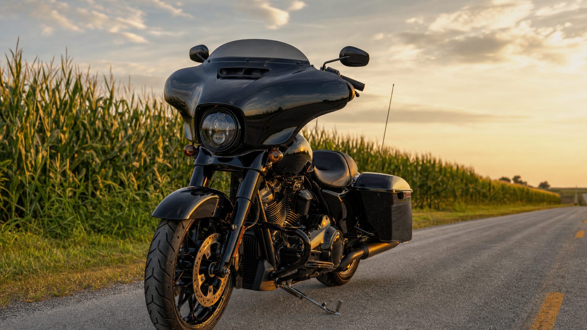 A black touring motorcycle in the style of a 2021 Street Glide parked on a rural Indiana road at golden hour.