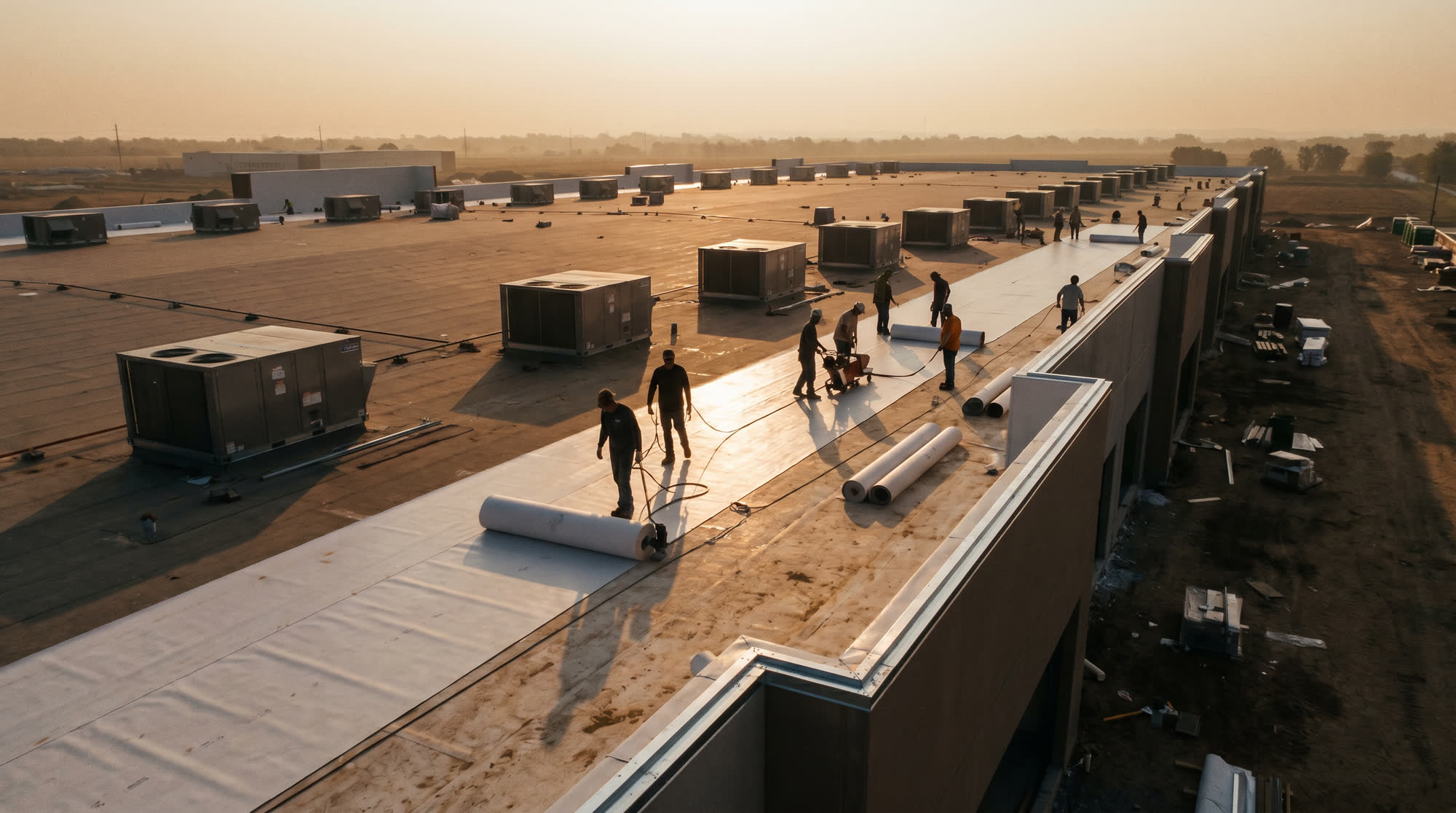 Aerial view of a commercial flat roof under construction at sunset, with crew installing TPO single-ply membrane over a large warehouse.