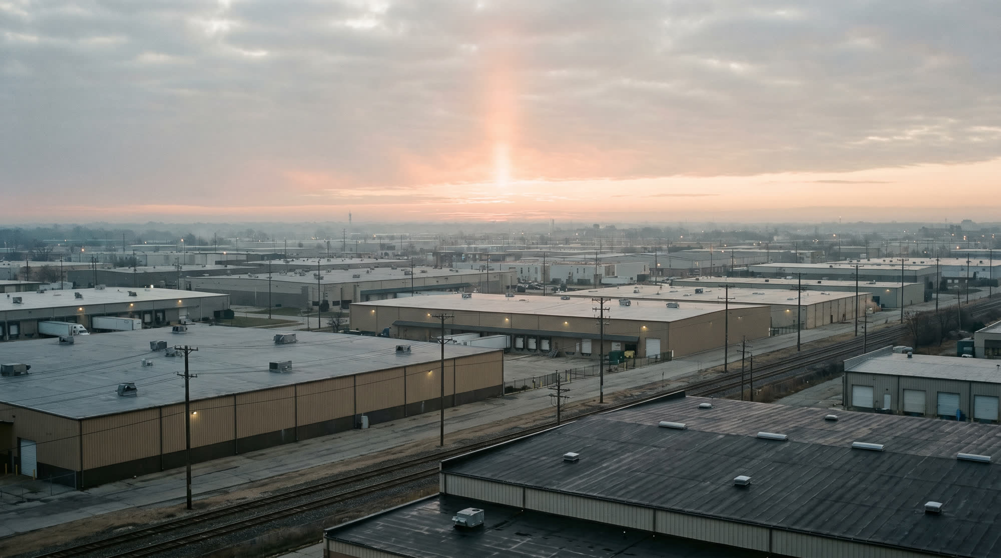 Wide view of low warehouse and distribution buildings with flat roofs at dawn.
