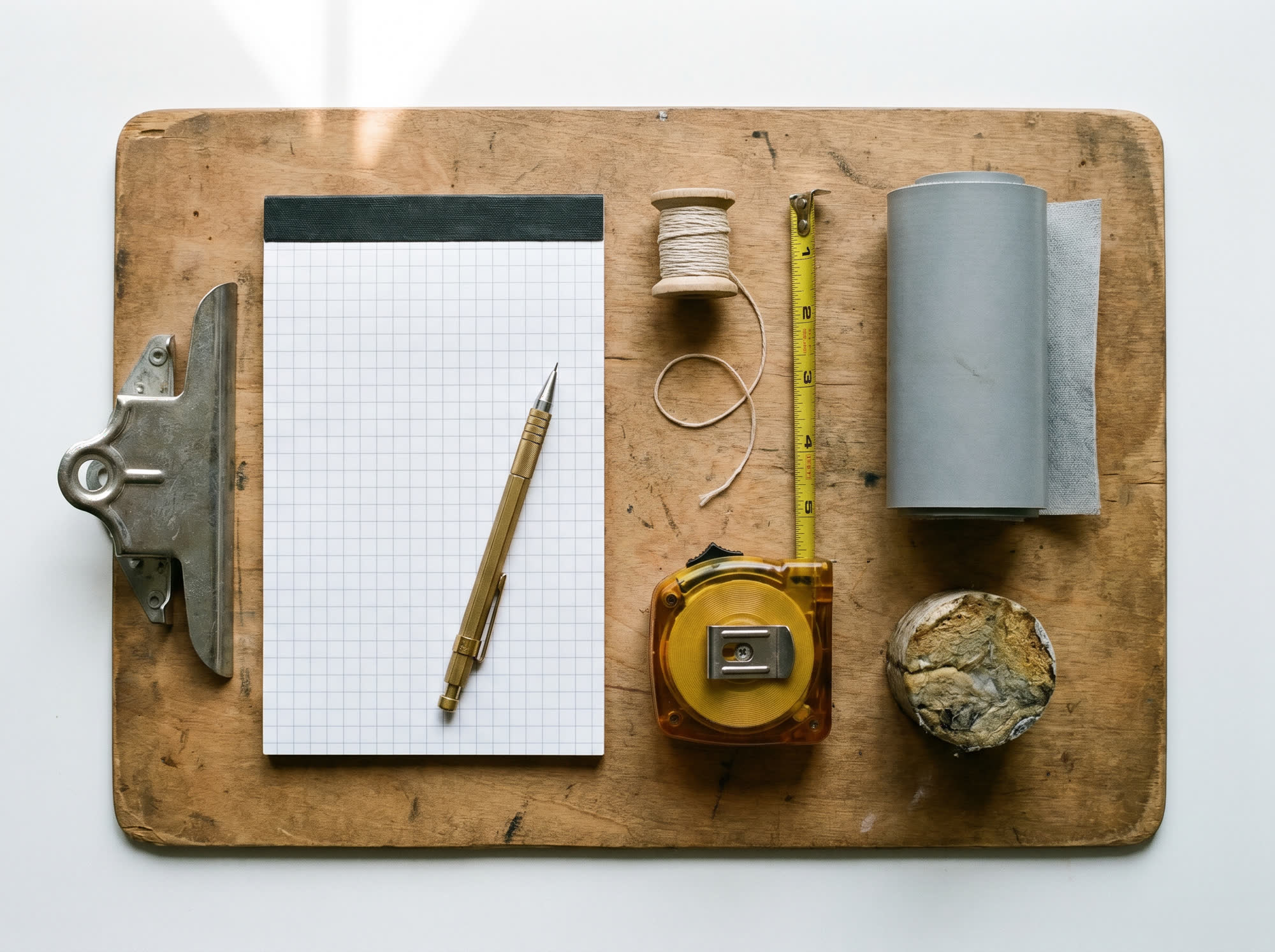 Top-down view of a worn wooden clipboard with grid notepad, mechanical pencil, chalk-line spool, tape measure, TPO membrane sample, and a roof core sample.