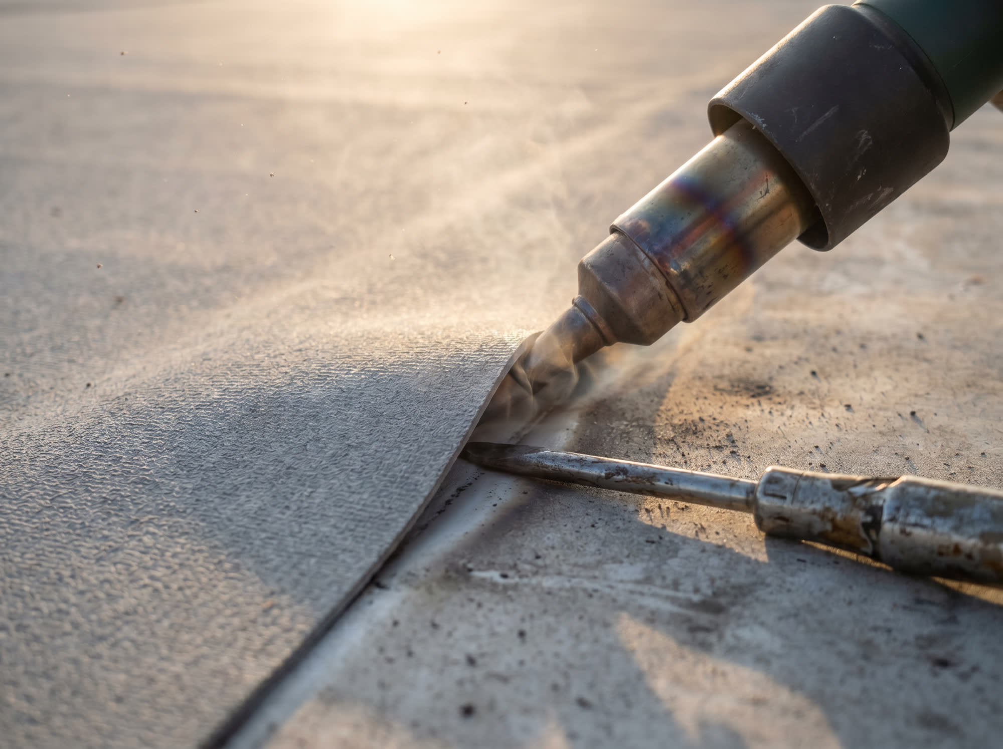 Close-up of a TPO single-ply roofing seam being heat-welded with hot-air welder.